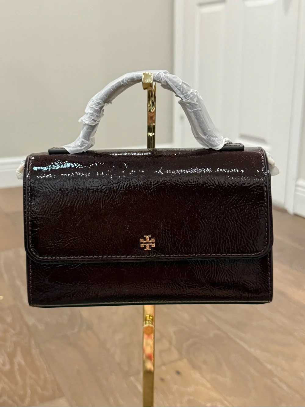 Tory Burch Glossy Burgundy Top-Handle Satchel with Gold Logo Crossbody Bag